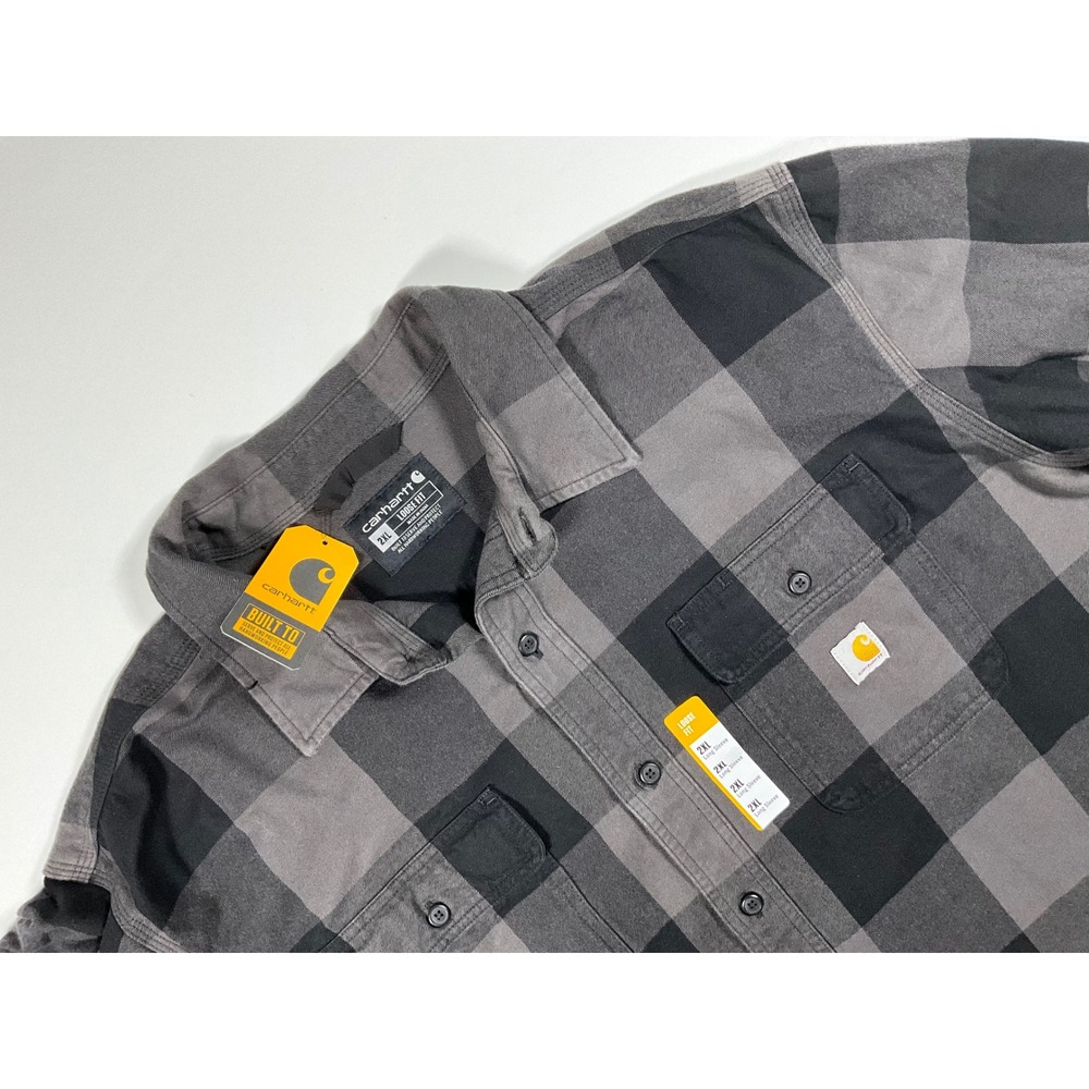 Carhartt Mens 2XL Loose Fit Heavyweight Flannel Long Sleeve Plaid Shirt Gravel - Picture 11 of 15